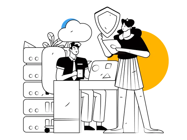 Homem e mulher trabalhando na segurança de banco de dados em nuvem  Ilustração