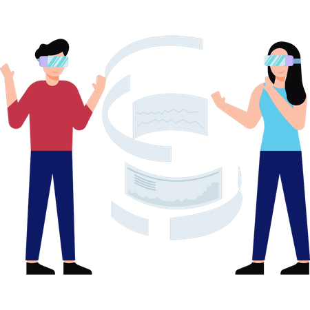Homem e mulher trabalhando usando tecnologia VR  Ilustração