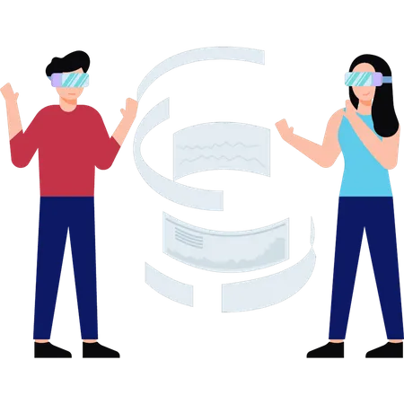 Homem e mulher trabalhando usando tecnologia VR  Ilustração