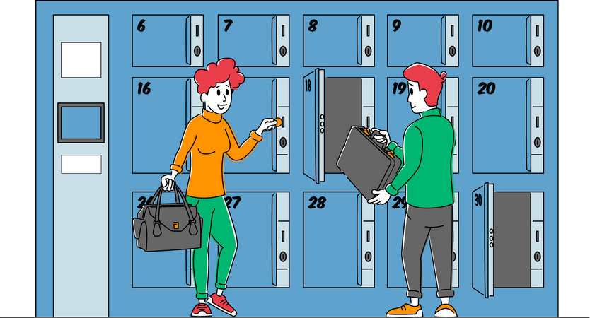 Serviço de guarda de bagagem para homens e mulheres coloca as malas em armários numerados pagos  Ilustração