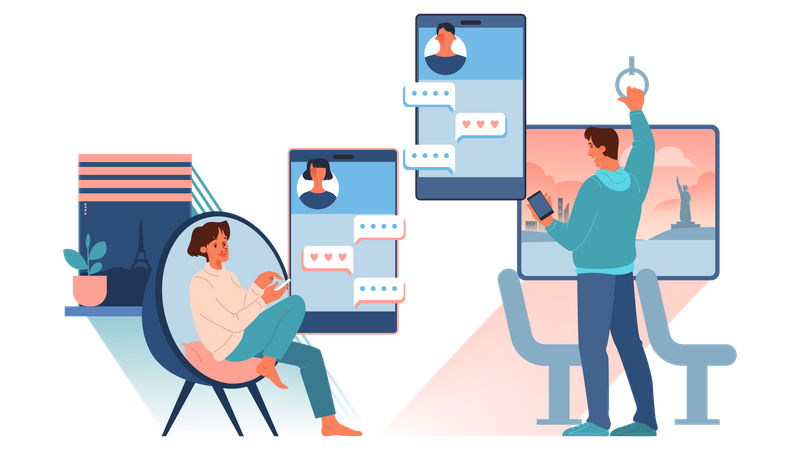 Homem e mulher usando aplicativo de namoro online  Illustration