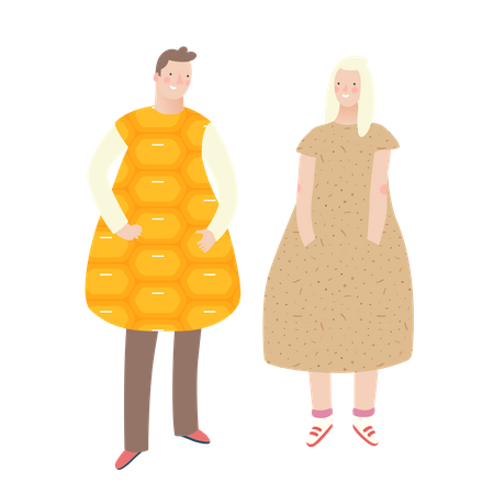 Homem e mulher usando vestido de frutas da moda  Ilustração