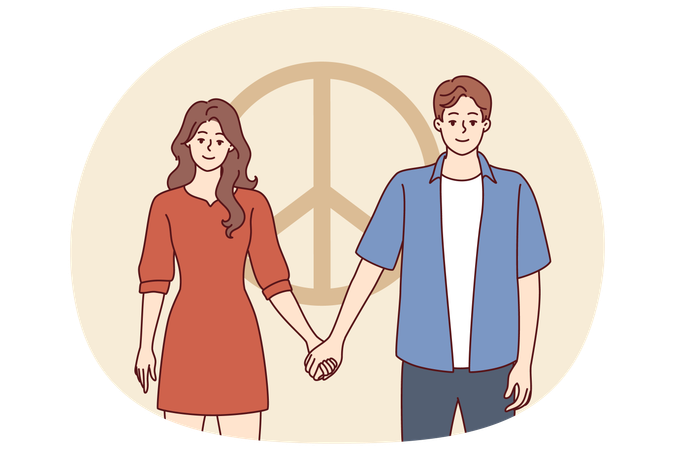 Homem e mulher vestidos em estilo casual dão as mãos em pé perto do símbolo do pacifismo  Ilustração
