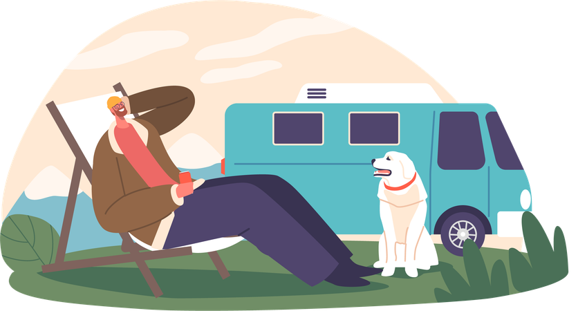 Homem e seu cachorro aproveitam um fim de semana de lazer ao ar livre  Ilustração