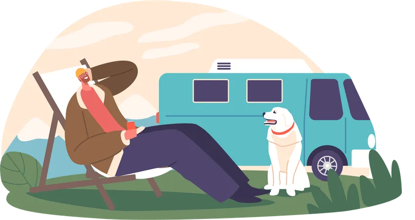 Homem e seu cachorro aproveitam um fim de semana de lazer ao ar livre  Ilustração