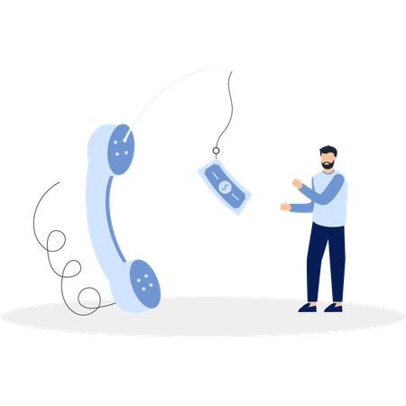 Homem e telefone com negócios de dinheiro  Ilustração