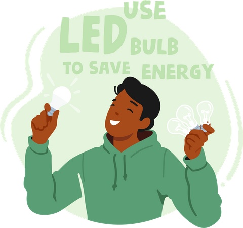 Homem economiza energia usando lâmpada LED  Ilustração