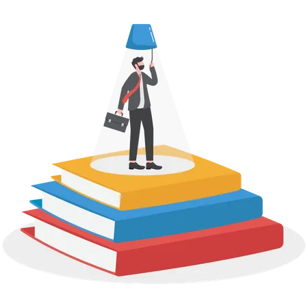 Homem educado fica em cima de livros, acende uma lâmpada em sua cabeça  Ilustração