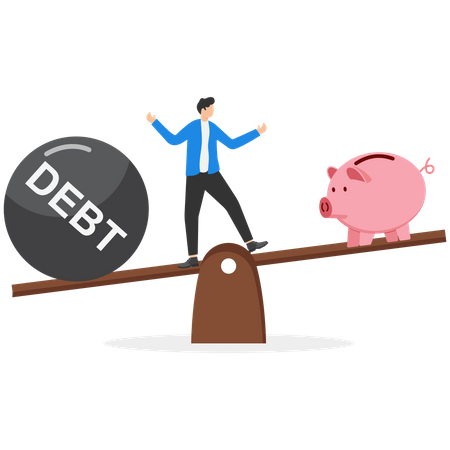 Homem em equilíbrio balança desequilibrado entre lucro e dívida  Ilustração