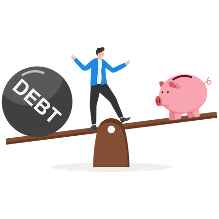 Homem em equilíbrio balança desequilibrado entre lucro e dívida  Ilustração