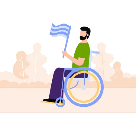 Homem em cadeira de rodas segurando bandeira  Ilustração