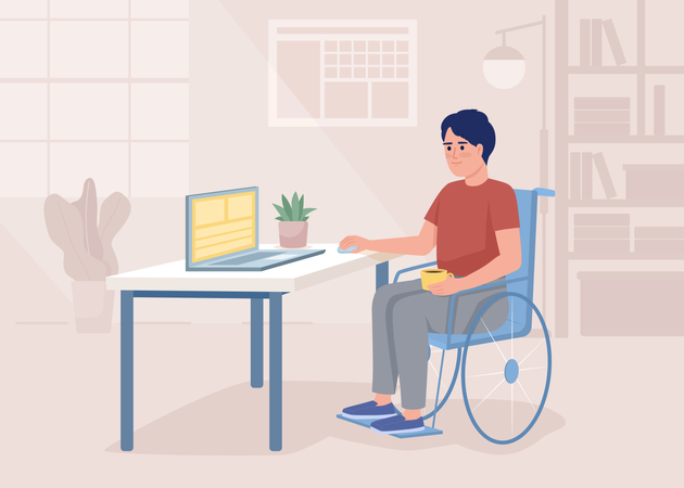 Homem em cadeira de rodas trabalhando no computador  Ilustração