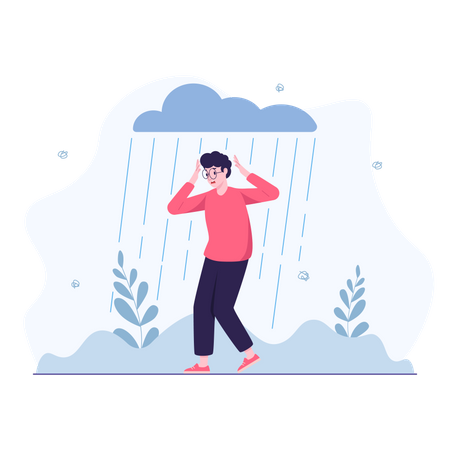 Homem em depressão parado na chuva  Ilustração