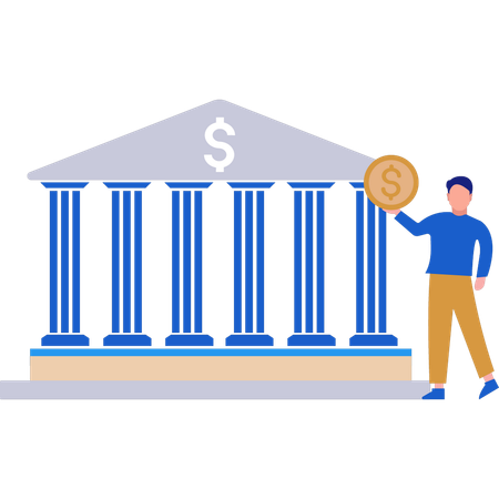 Homem Em Frente Ao Prédio De Um Banco  Ilustração