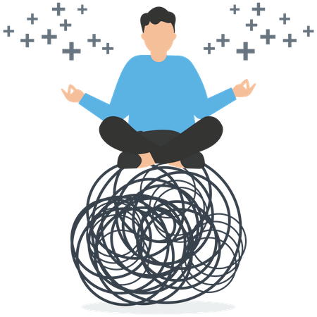 Homem em meditação na linha de bagunça do caos com energia positiva  Ilustração