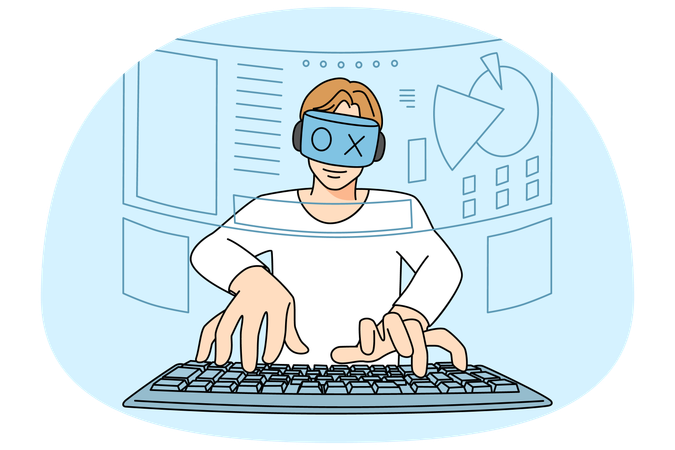 Homem com óculos de realidade virtual joga jogos de computador  Ilustração