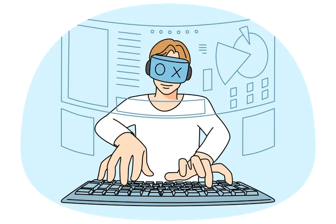 Homem com óculos de realidade virtual joga jogos de computador  Ilustração