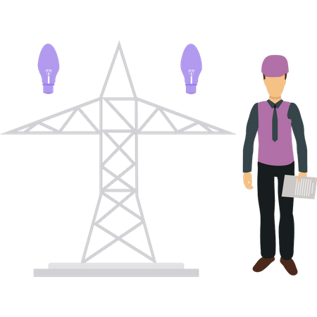 Homem parado ao lado da torre de eletricidade  Ilustração