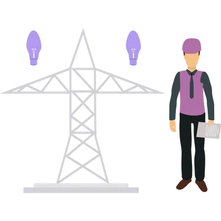Homem parado ao lado da torre de eletricidade  Ilustração