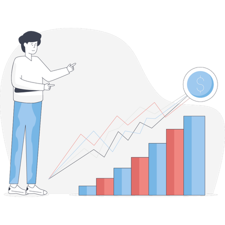 Homem fica ao lado de um gráfico analisando tendências e insights de dados  Ilustração