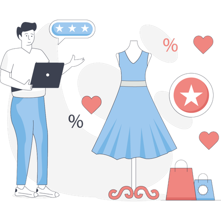 Homem está ao lado de um vestido e um laptop parecendo envolvido em uma tarefa criativa ou profissional  Ilustração