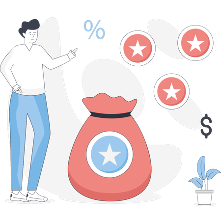 Homem fica ao lado de uma bolsa com cinco estrelas simbolizando conquista ou qualidade  Ilustração