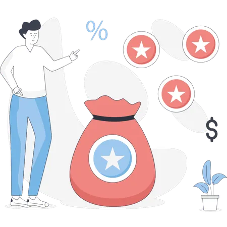 Homem fica ao lado de uma bolsa com cinco estrelas simbolizando conquista ou qualidade  Ilustração