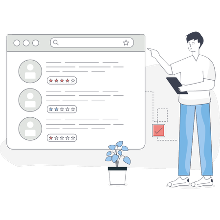 Homem fica ao lado de uma tela exibindo um sistema de classificação indicando um processo de revisão ou feedback  Ilustração