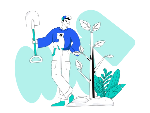 Homem de pé com uma pá perto da planta  Ilustração