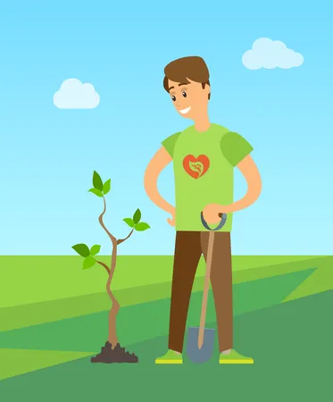 Homem de pé com uma pá perto da planta  Ilustração