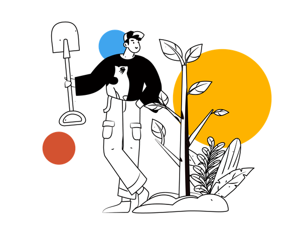 Homem de pé com uma pá perto da planta  Ilustração
