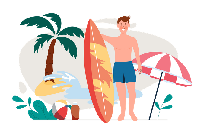 Homem em pé com prancha de surf  Ilustração