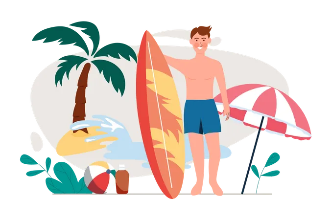 Homem em pé com prancha de surf  Ilustração