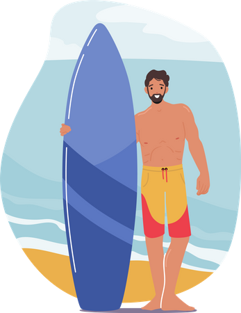 Homem em pé com prancha de surf  Ilustração