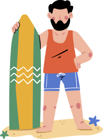 Homem em pé com prancha de surf  Ilustração