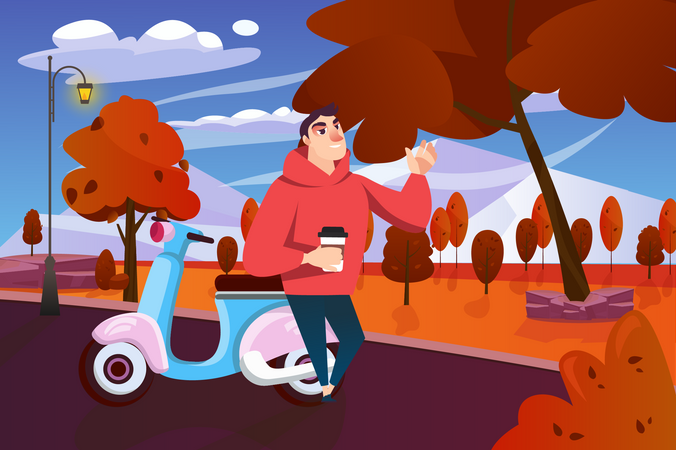 Homem de pé com scooter enquanto toma café no parque  Ilustração