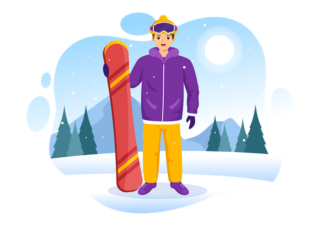 Homem em pé praticando snowboard  Ilustração