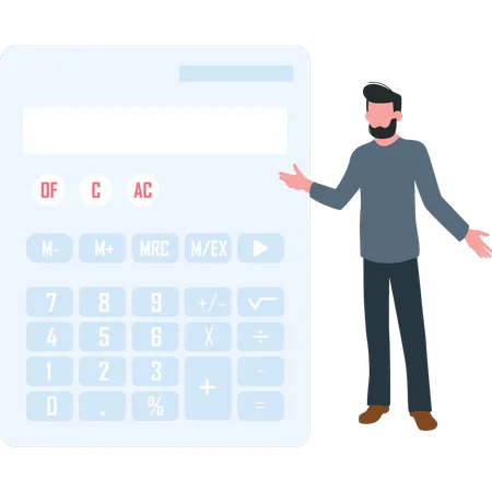 Homem parado perto da calculadora  Ilustração
