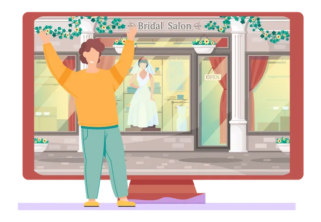 Homem parado perto de um monitor grande com vitrine de salão de noivas  Ilustração