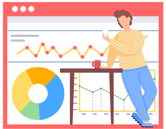 Homem em pé segurando notas de papel perto da apresentação de desenvolvimento de negócios ou crescimento de investimento  Ilustração