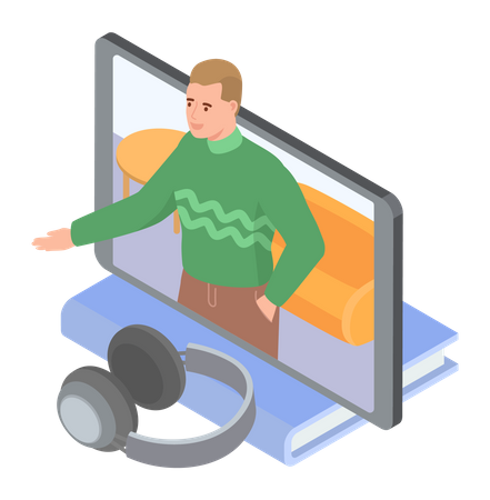 Homem em videoconferência no computador  Ilustração