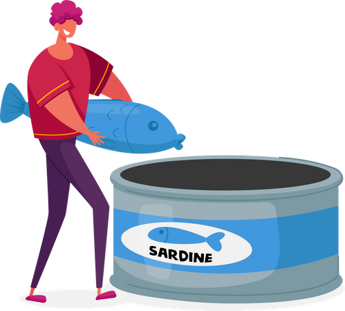 Homem embalando sardinha em lata  Ilustração