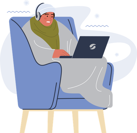 Homem enrolado em cobertor enquanto assiste filme no laptop no frio  Ilustração