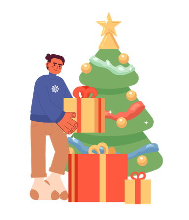 Homem empilhando presentes debaixo da árvore de Natal  Ilustração