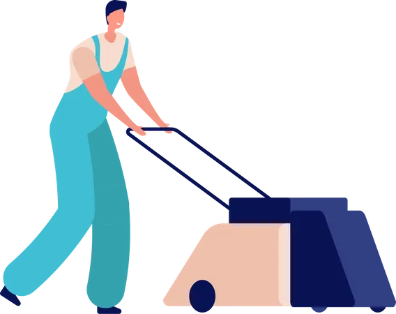 Empregada doméstica masculina com máquina de corte de grama  Ilustração