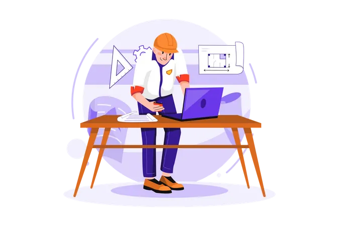 Empreiteiro de homem trabalhando no laptop  Ilustração