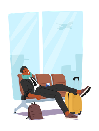 Empresário cansado sentado confortavelmente em um banco no aeroporto  Ilustração