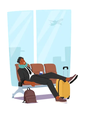 Empresário cansado sentado confortavelmente em um banco no aeroporto  Ilustração