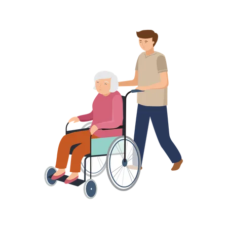 Homem empurrando cadeira de rodas para mulher idosa  Ilustração
