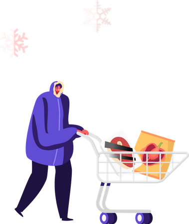 Homem empurrando carrinho de compras com embalagens de alimentos congelados no supermercado  Ilustração